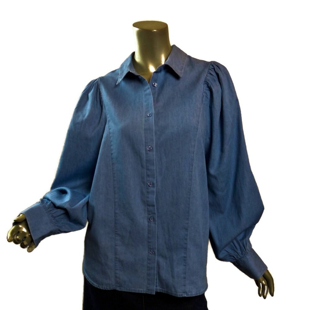 WHO WHAT WEAR Chambray Shirt Button Up Balloon Sleeves Light Wash - M New